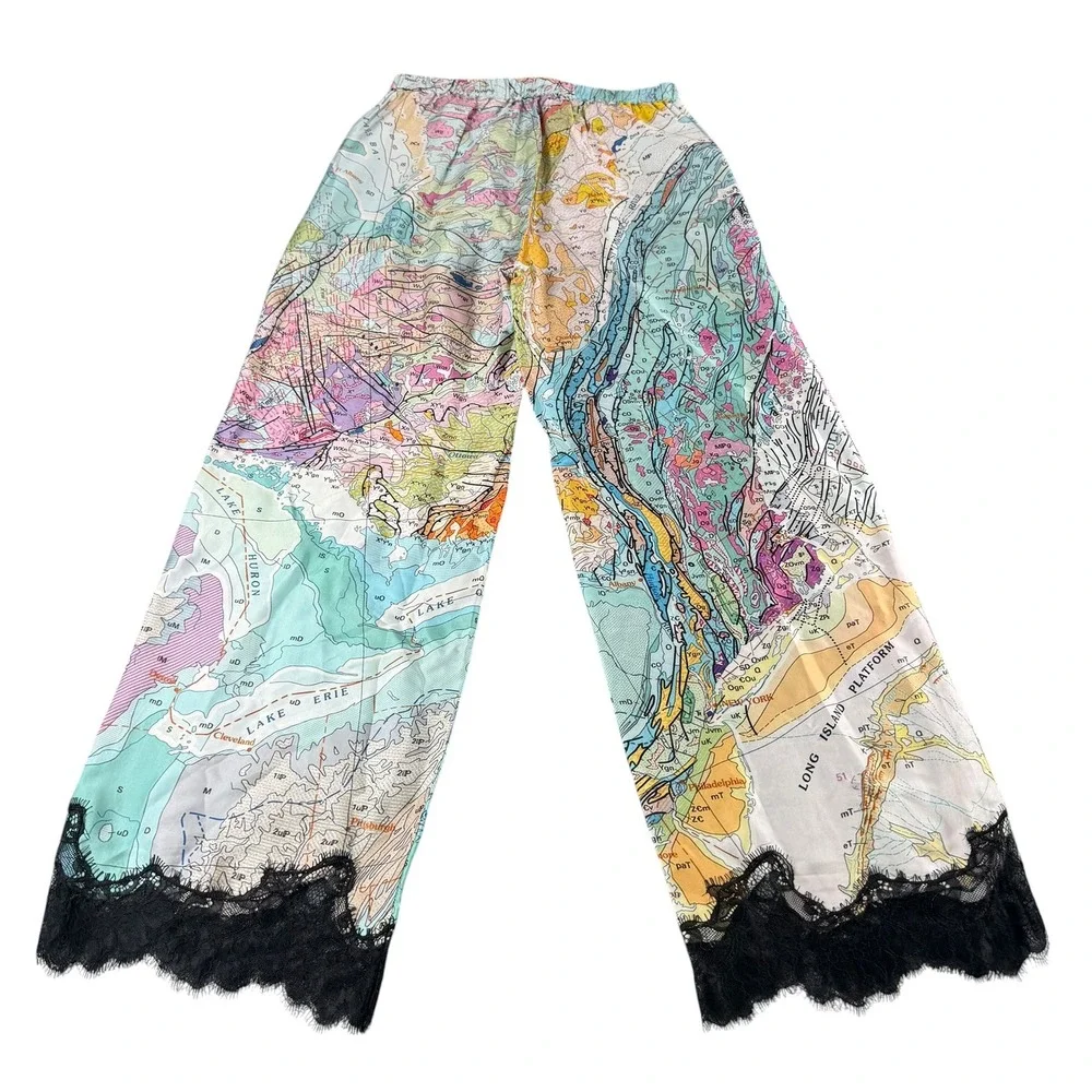 ME369 Mila Lace Button Down Top & Cora Pants Size Map Print XS Matching Set